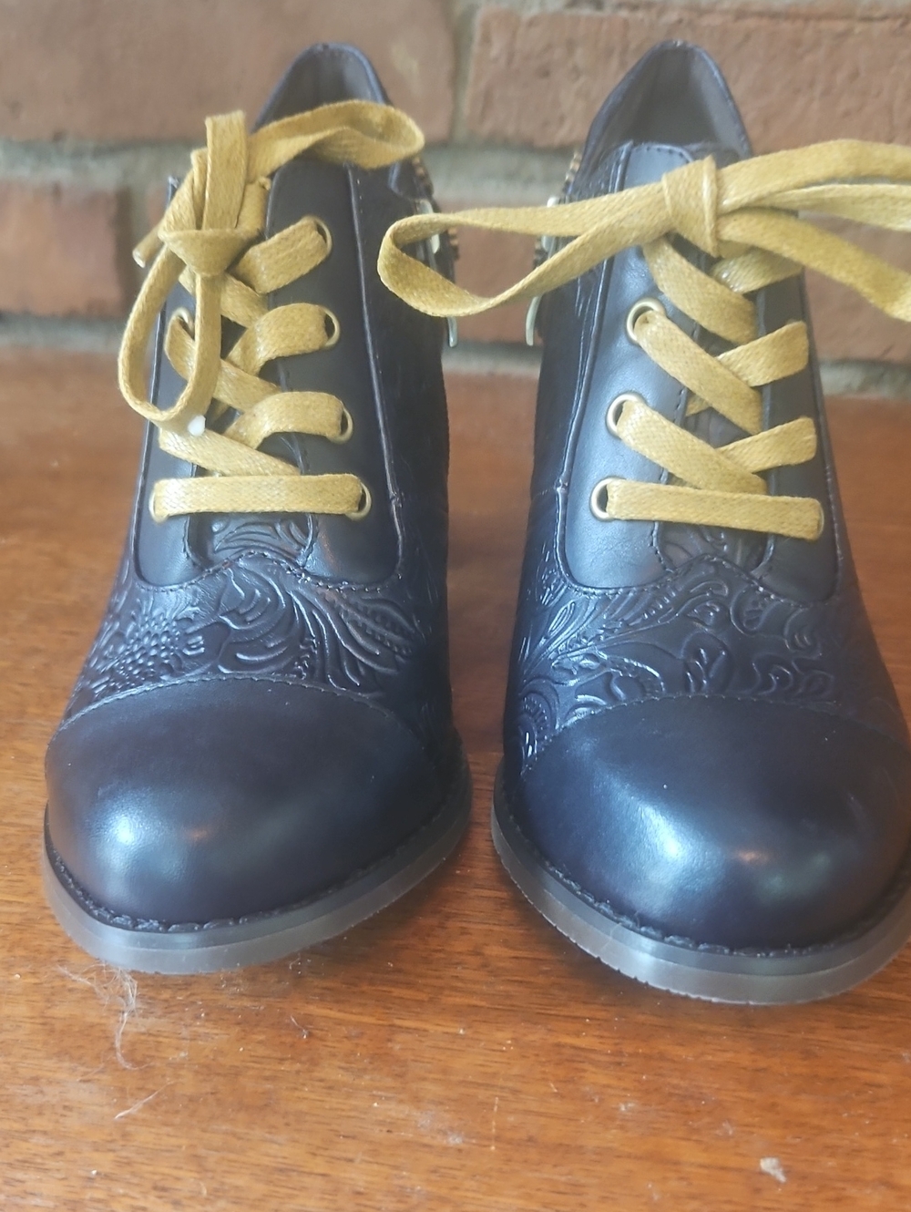 Women’s Black Embossed Leather Lace-Up Heels with Mustard Laces - Picture 2 of 6